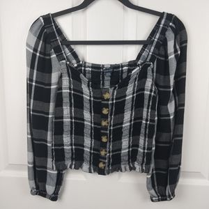 American Eagle Women's Medium Black Plaid Button Front Puffed Sleeve Blouse Top
